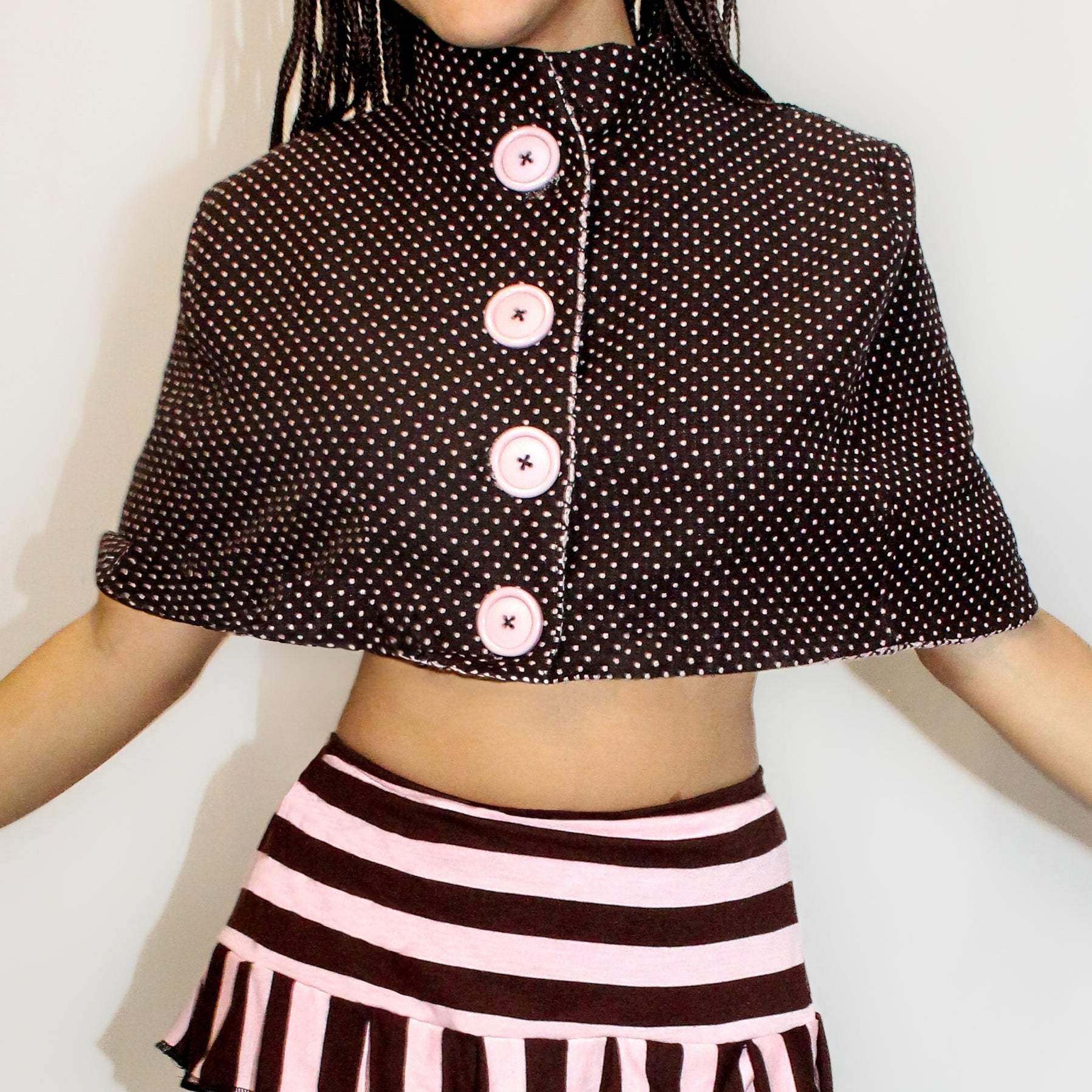 pink and brown polka dot, circus, capelet, tippet, pelerine, spring, winter, reversible, clown, creative, girly 