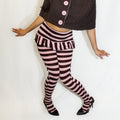 brown and pink striped pant, bubblegum, footed tights, mini skirt, funky, y2k, peplum, ruffles, patterns, fun, creative