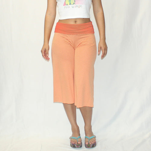 orange and yellow striped pants, capri leggings, summer, colorful, fun, whimsical, fold-over waistband, beach