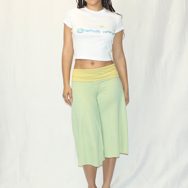 blue and green striped pants, fold over waist band, capri leggings, breathable, wide leg, y2k, beachy, summer, spring, bright colors