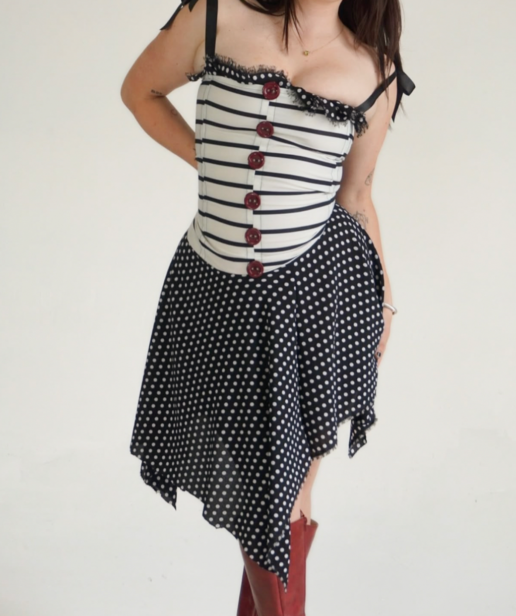 striped and polka dot dress, button up, bow-tie straps, bias cut skirt, hanker-chief skirt, fairy-tale, whimsical, clown core, circus, large buttons, funky 