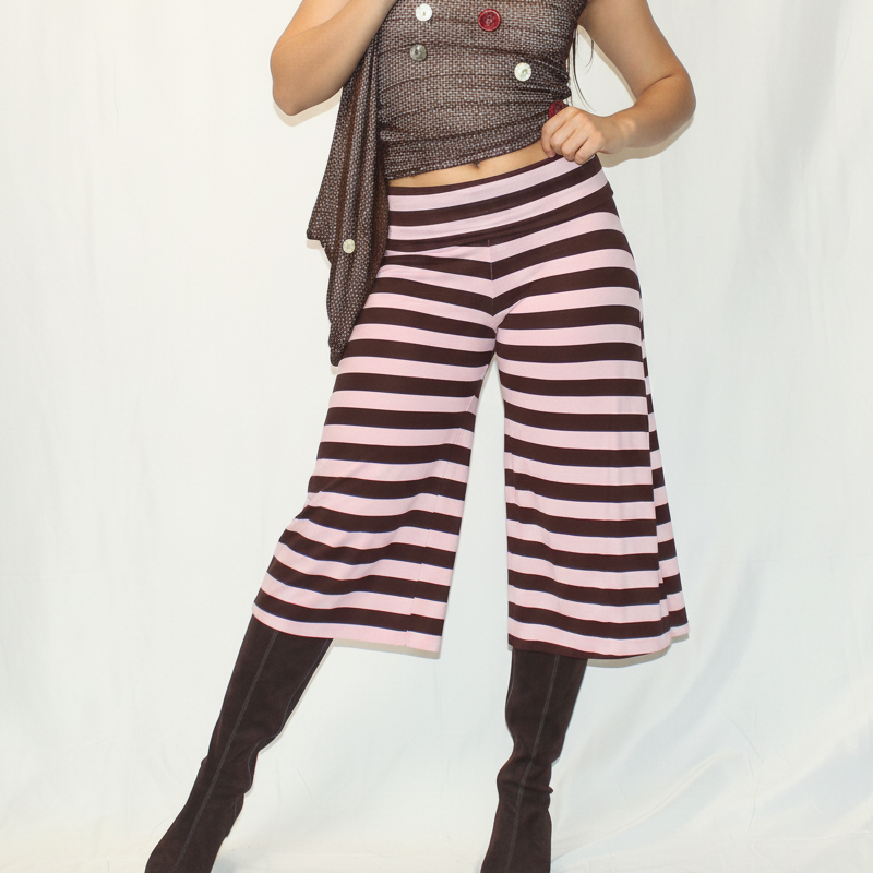 capris, bubblegum, wide leg, fold over pant, girly, fun, whimsical, brown and pink stripes